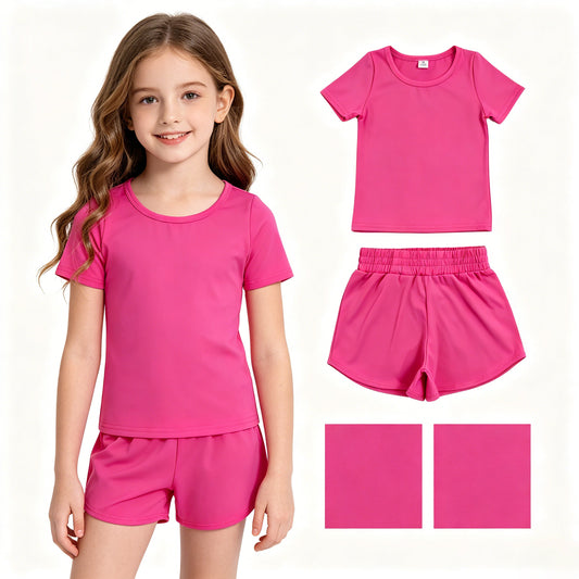 GSSO3764瑜伽组合，GT1633瑜伽+SS0900瑜伽 Hot Pink Toddler Solid Color Casual Active Wear Set RTS
