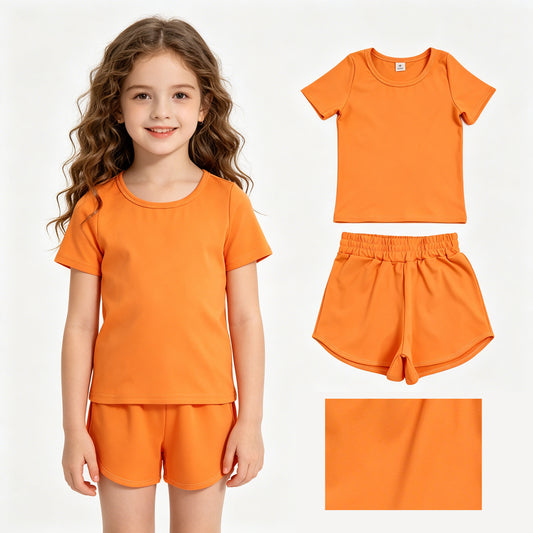 GSSO3766瑜伽组合，GT1635瑜伽+SS0902瑜伽 Orange Toddler Summer Soft Yoga Matching Clothes Set 20260630 RTS