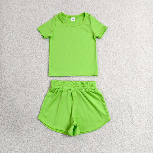 GSSO3767瑜伽组合  Green Kids Casual Solid Athletic Short Sleeve Shorts Set  202630 RTS