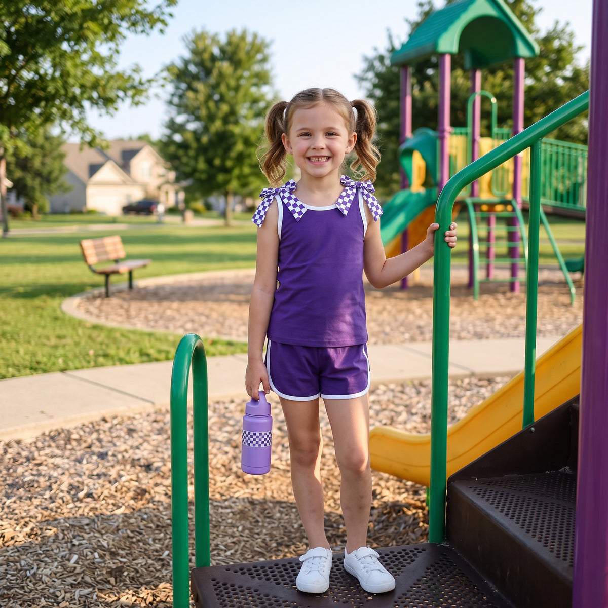 RTS GSSO3814 Purple Bow Tank and Shorts Set for Girls Checkered Bow Straps Contrast Trim Summer Activewear