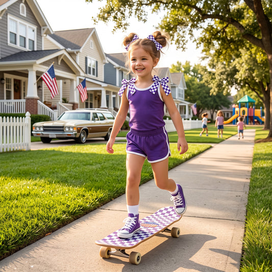 RTS GSSO3814 Purple Bow Tank and Shorts Set for Girls Checkered Bow Straps Contrast Trim Summer Activewear