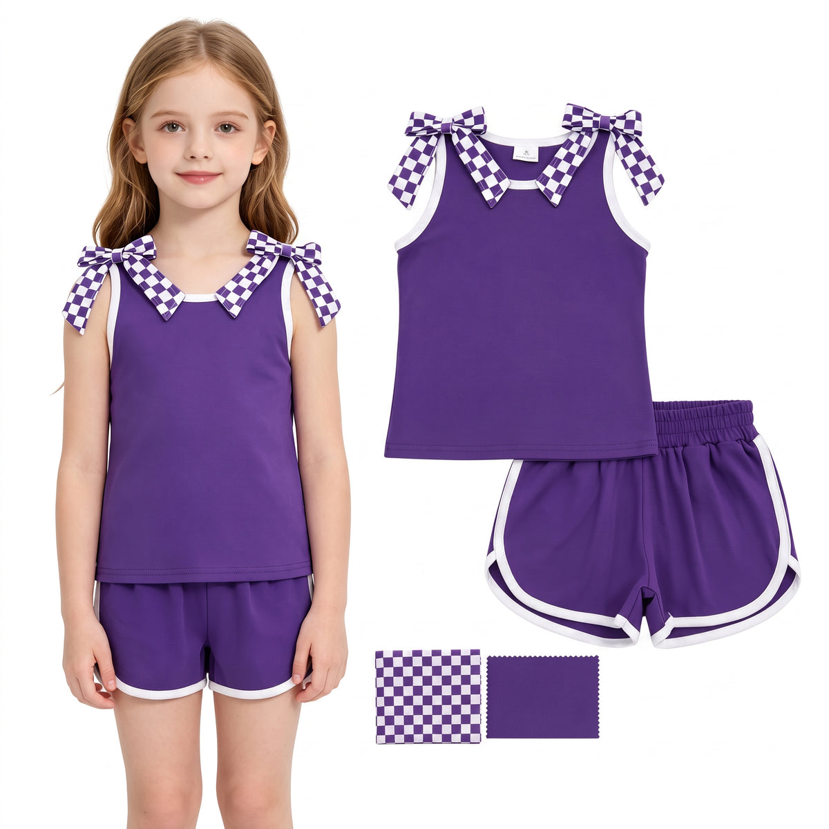 RTS GSSO3814 Purple Bow Tank and Shorts Set for Girls Checkered Bow Straps Contrast Trim Summer Activewear