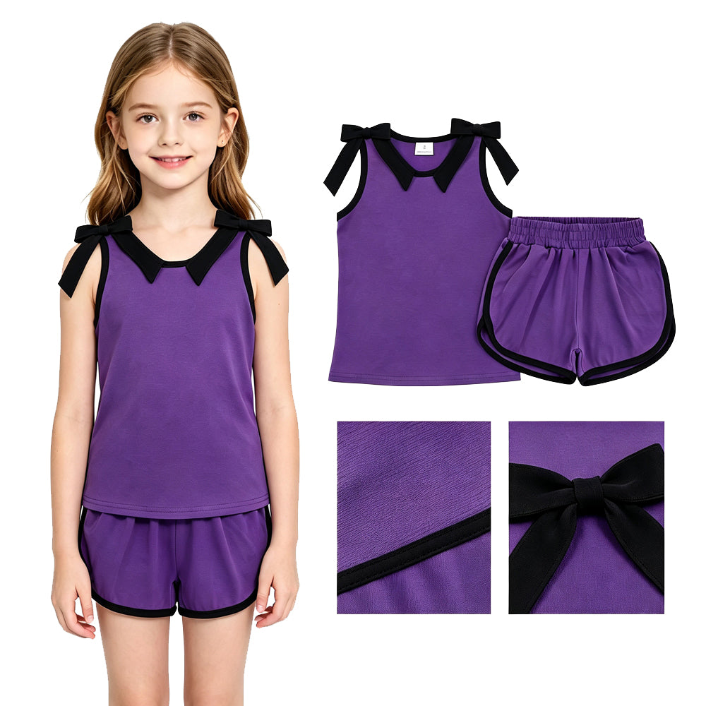 RTS NO MOQ GSSO3815 Purple Bow Tank and Shorts Set for Girls Checkered Bow Straps Contrast Trim Summer Activewear