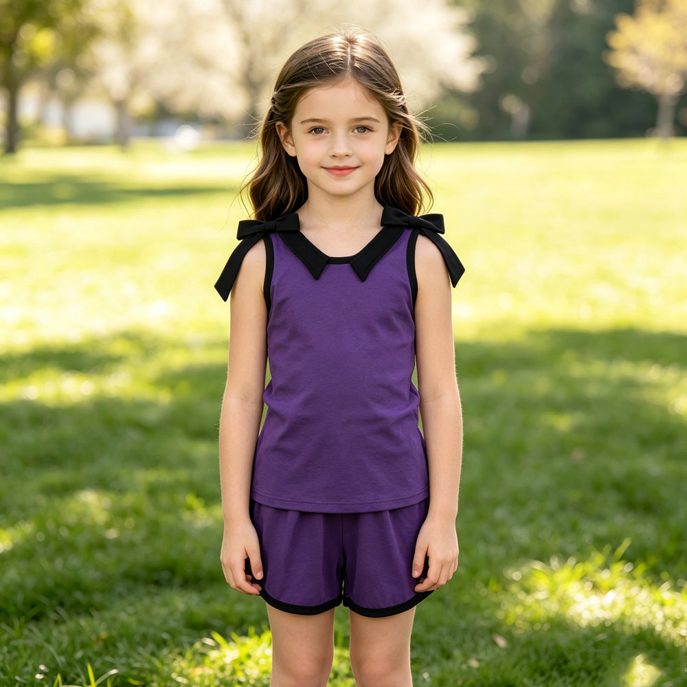 RTS NO MOQ GSSO3815 Purple Bow Tank and Shorts Set for Girls Checkered Bow Straps Contrast Trim Summer Activewear