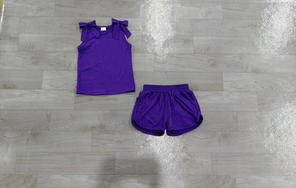 Sample-Real Pics GSSO3818 Baby Girl Clothes Solid Purple Bow Shoulder Print Sleeveless Tank Top Short Set
