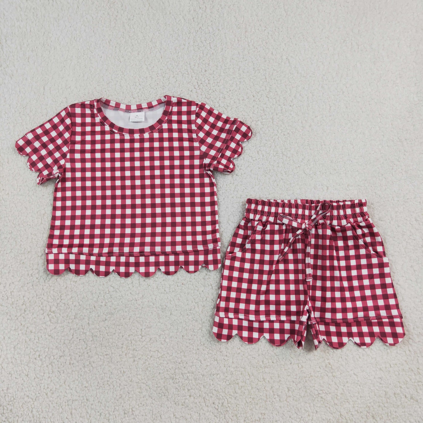 GSSO3836 RTS Girls Summer 2‑Piece Gingham Print Short Sleeve Scallop Trim Top Shorts Set 202608
