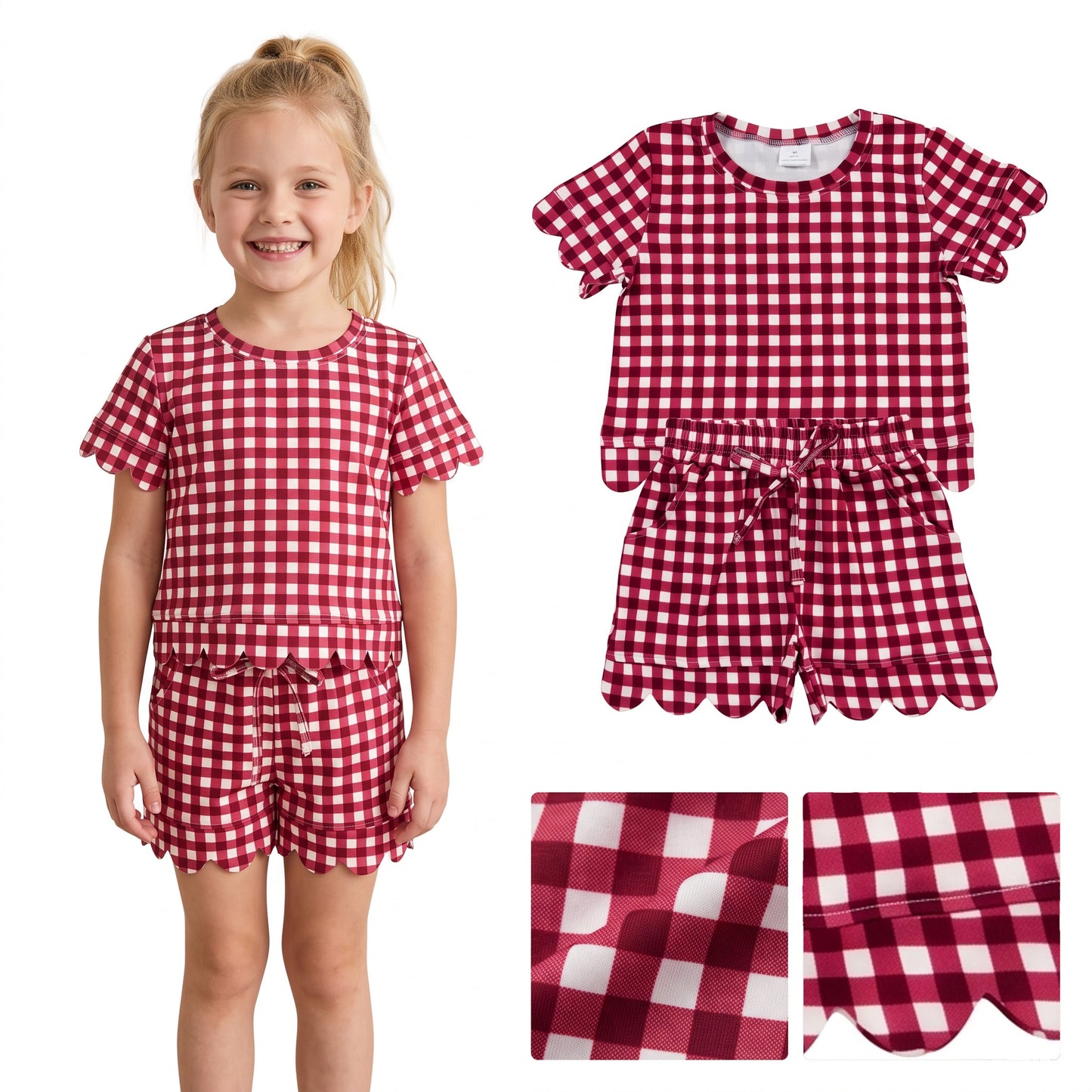 GSSO3836 RTS Girls Summer 2‑Piece Gingham Print Short Sleeve Scallop Trim Top Shorts Set 202608