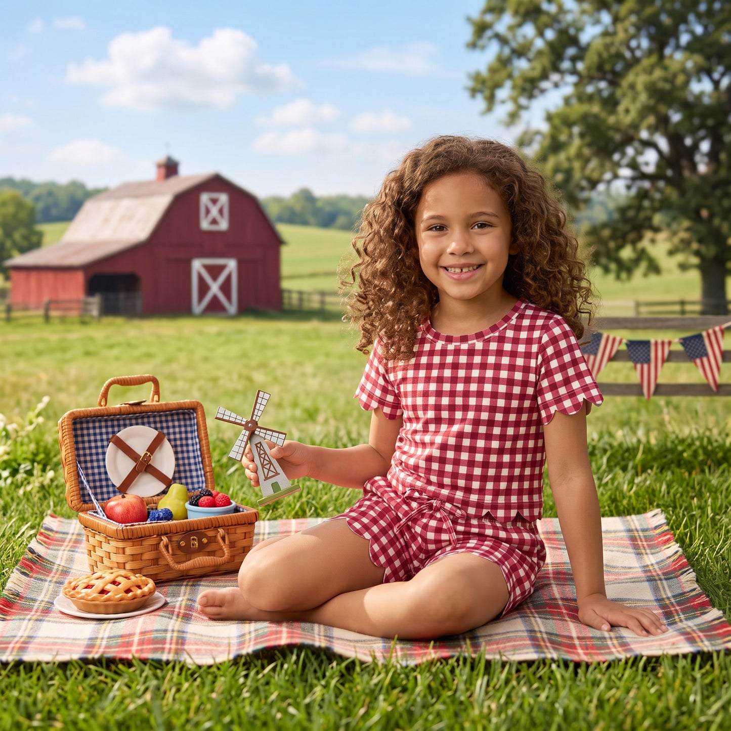 GSSO3836 RTS Girls Summer 2‑Piece Gingham Print Short Sleeve Scallop Trim Top Shorts Set 202608