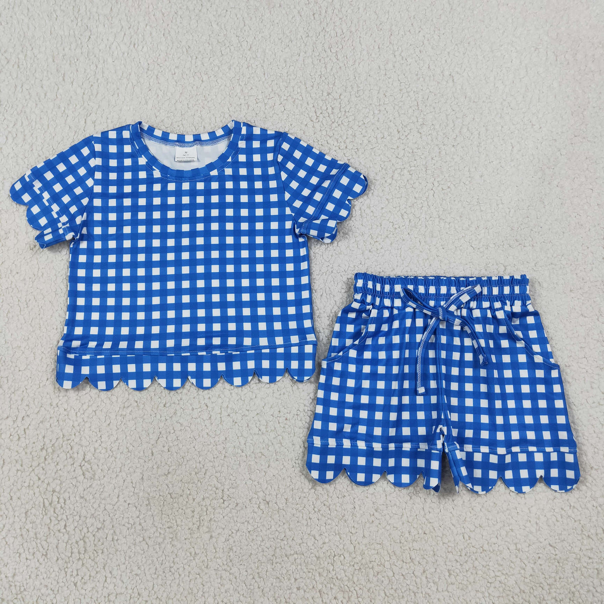 RTS NO MOQ GSSO3837 Blue Gingham Scallop Trim Girls Outfit – Short Sleeve Top & Shorts Set, Wavy Hem Summer Playwear