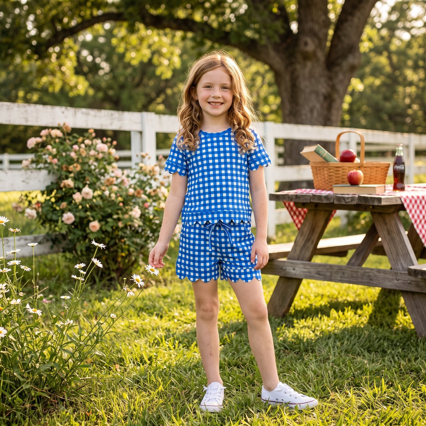RTS NO MOQ GSSO3837 Blue Gingham Scallop Trim Girls Outfit – Short Sleeve Top & Shorts Set, Wavy Hem Summer Playwear