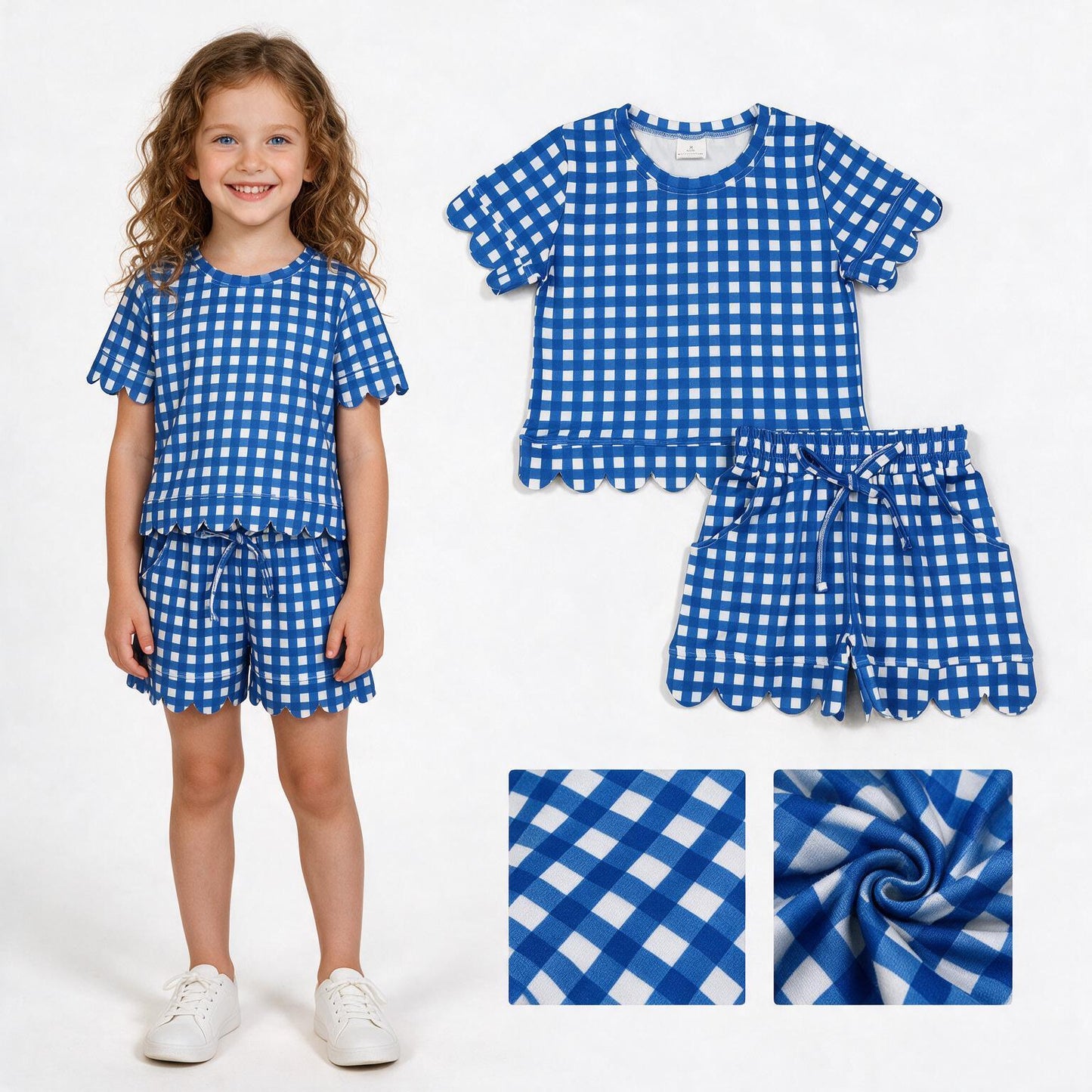 RTS NO MOQ GSSO3837 Blue Gingham Scallop Trim Girls Outfit – Short Sleeve Top & Shorts Set, Wavy Hem Summer Playwear