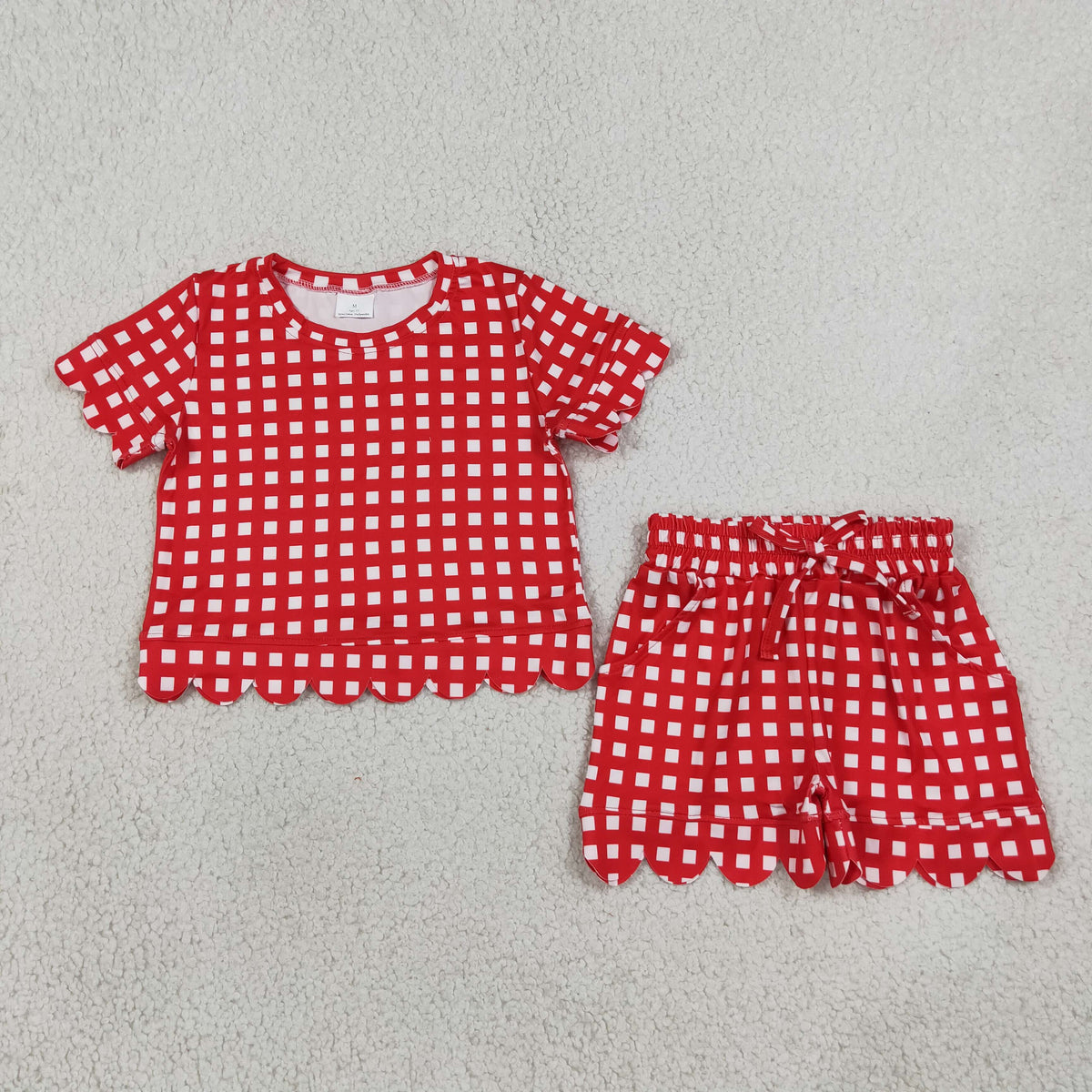 NO MOQ RTS GSSO3838 Red Gingham Girl Set | Scallop Trim Top & Shorts 2Pcs