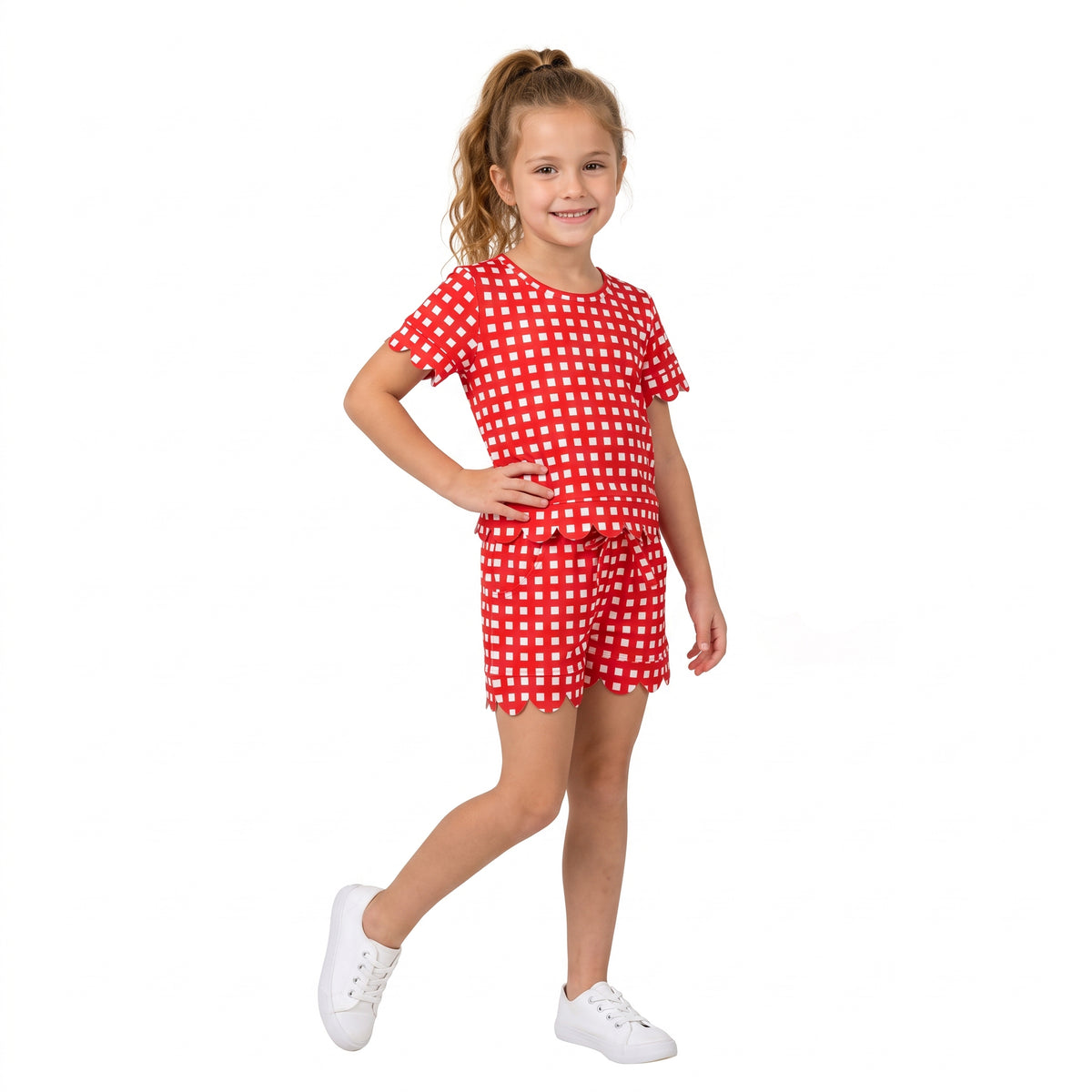 NO MOQ RTS GSSO3838 Red Gingham Girl Set | Scallop Trim Top & Shorts 2Pcs