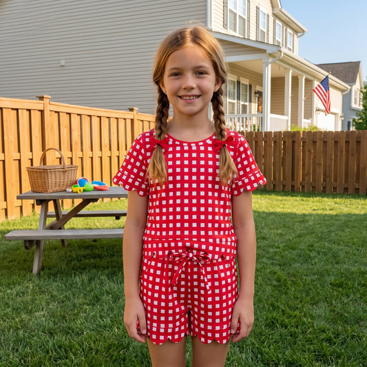 NO MOQ RTS GSSO3838 Red Gingham Girl Set | Scallop Trim Top & Shorts 2Pcs