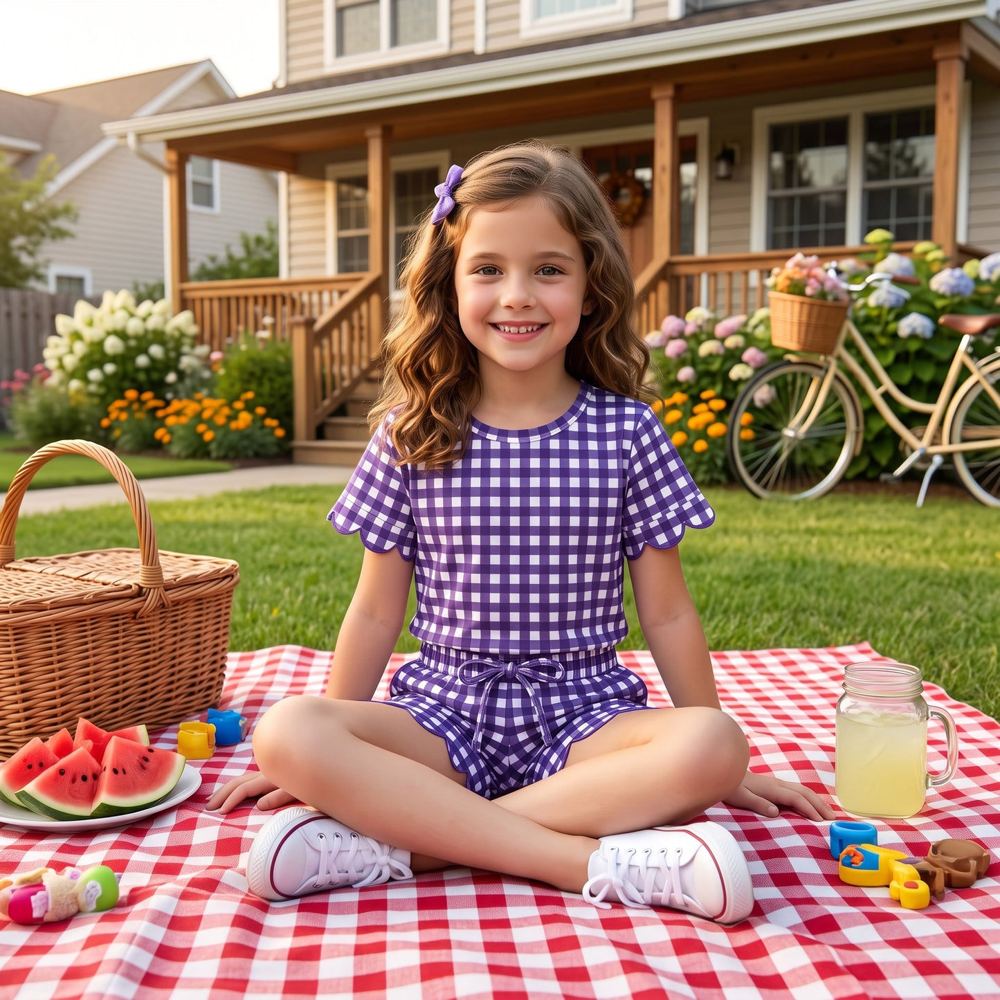 GSSO3841 PURPLE plaid scallop GIRL summer outfit 202608 RTS