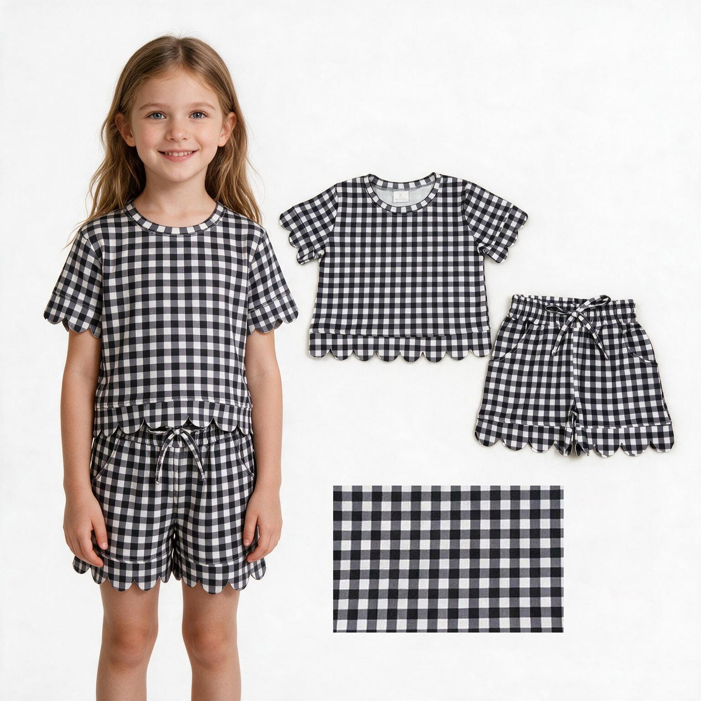 GSSO3842 BLACK plaid scallop GIRL summer outfit 202608 RTS