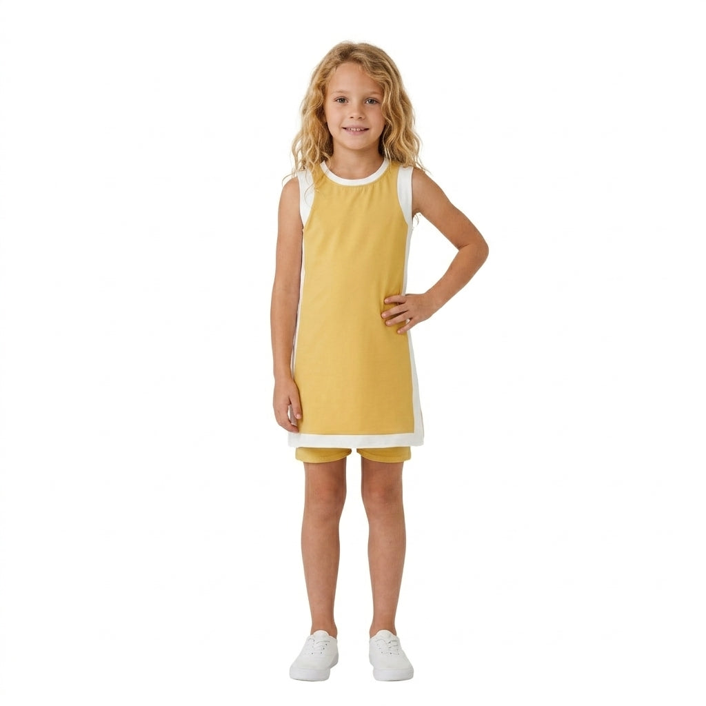 NO MOQ RTS GSSO3845(1)-yoga-bundle Baby Girl Clothes Solid Yellow Sleeveless Tank Dress And Short Set 202610