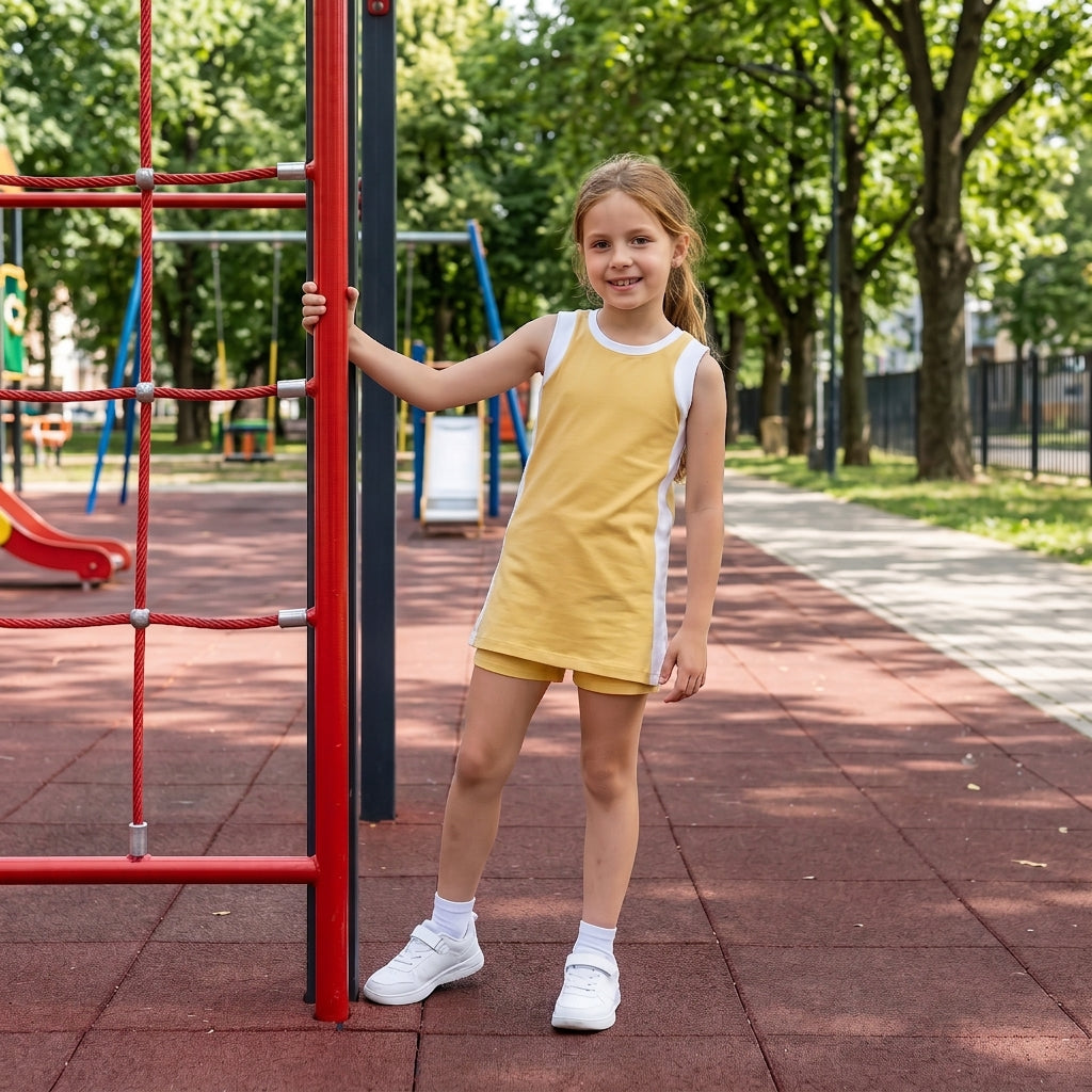 NO MOQ RTS GSSO3845(1)-yoga-bundle Baby Girl Clothes Solid Yellow Sleeveless Tank Dress And Short Set 202610