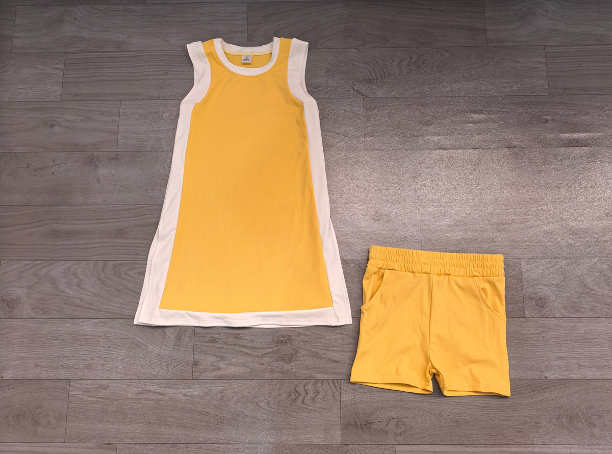 Sample-Real Pics GSSO3845 Baby Girl Clothes Solid Yellow Color Block Sleeveless Dress And Shorts Set