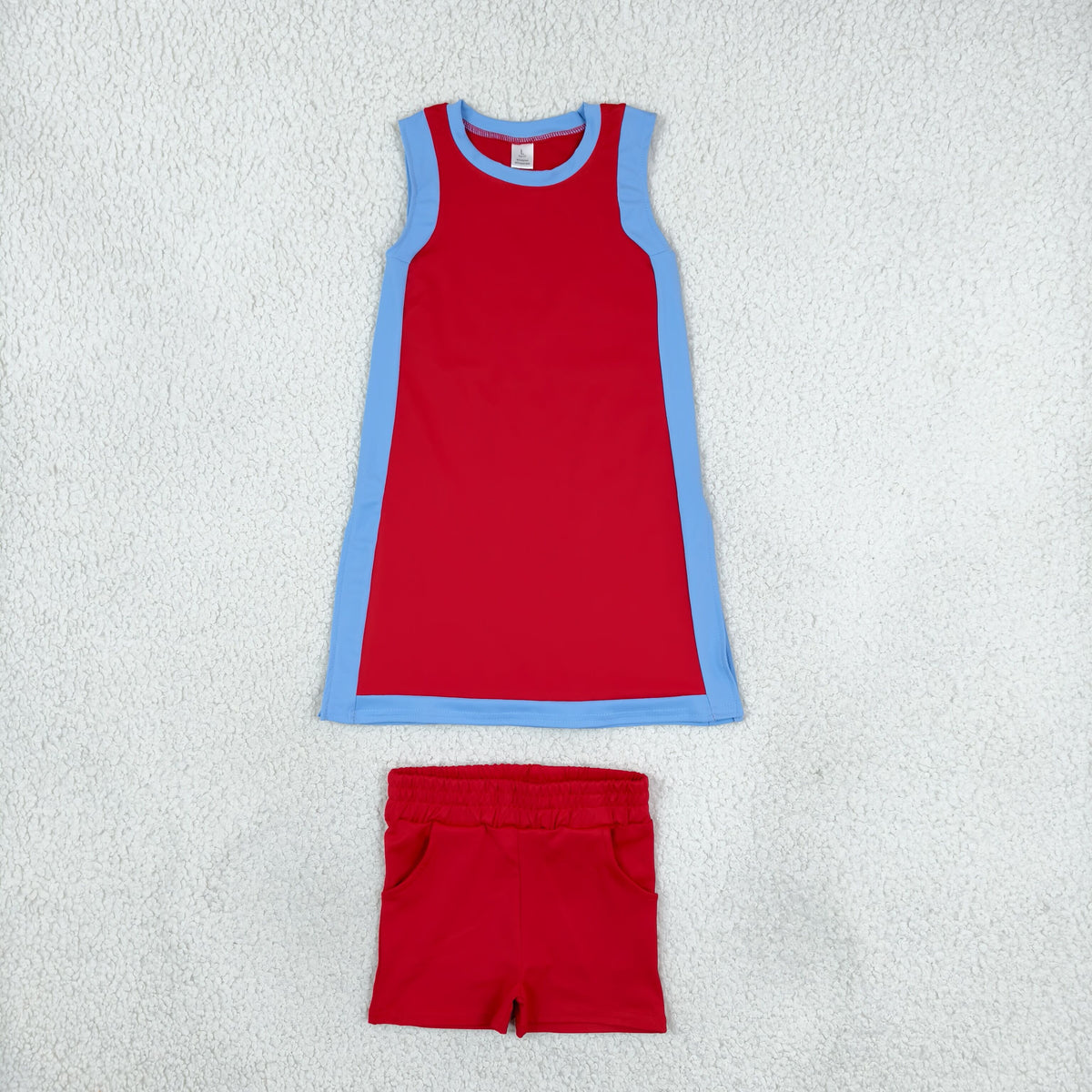 NO MOQ RTS GSSO3846 Yoga Bundle Baby Girl Clothes Red Light Blue Color Block Solid Print Sleeveless Dress Short Set 202610