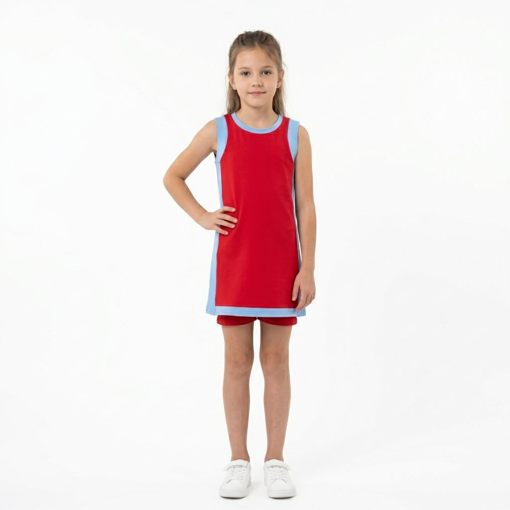 NO MOQ RTS GSSO3846 Yoga Bundle Baby Girl Clothes Red Light Blue Color Block Solid Print Sleeveless Dress Short Set 202610