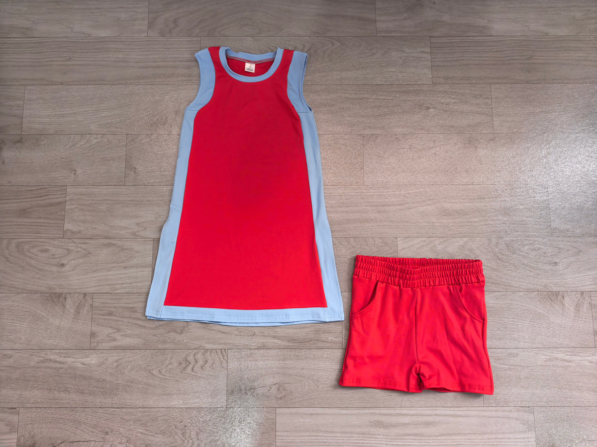 NO MOQ Sample-Real Pics preorder Pre-order GSSO3846 red yoga solid cotton dress with shorts girl outfit set