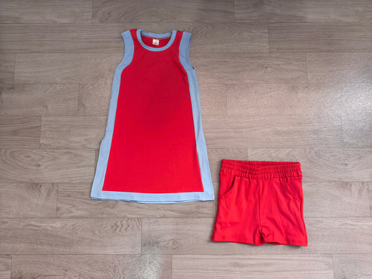 NO MOQ Sample-Real Pics preorder Pre-order GSSO3846 red yoga solid cotton dress with shorts girl outfit set