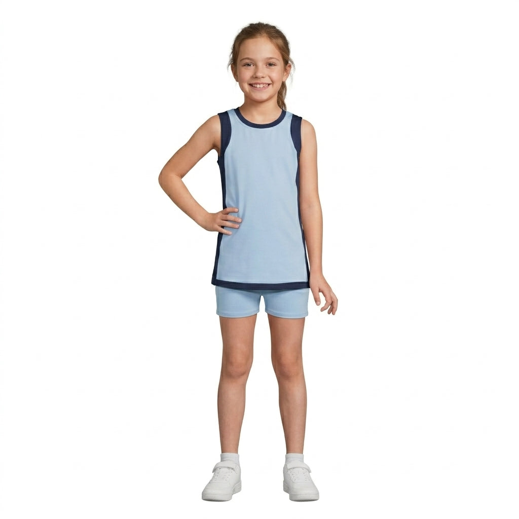 NO MOQ RTS GSSO3847(1)-yoga-bundle Baby Girl Clothes Color Block Sleeveless Dress And Solid Blue Shorts Set 202610