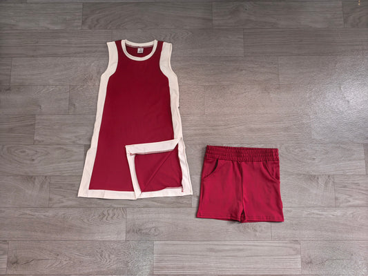 NO MOQ Sample-Real Pics preorder Pre-order GSSO3848 maroon yoga solid cotton dress with shorts girl outfit set