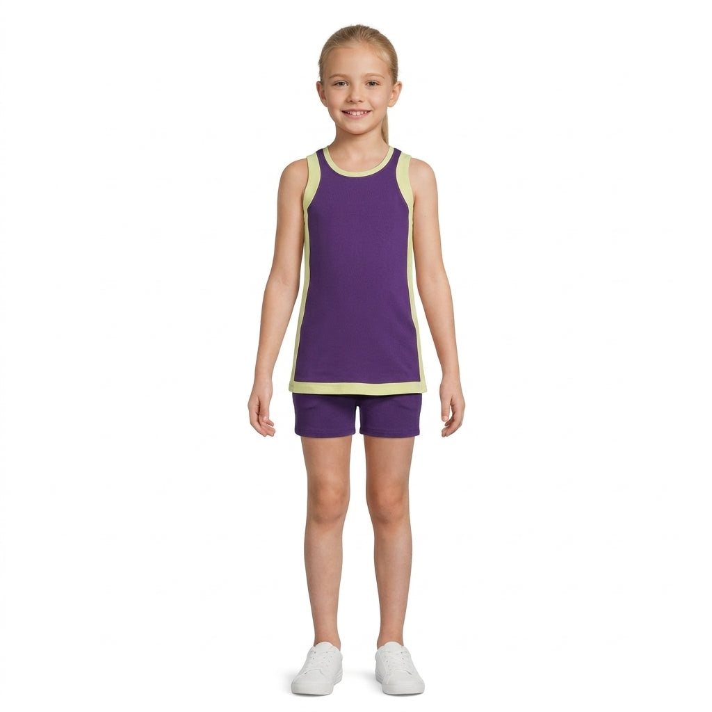 NO MOQ RTS GSD4253(1)-yoga Baby Girl Clothes Solid Purple Yellow Color Block Sleeveless Tank Dress 202610