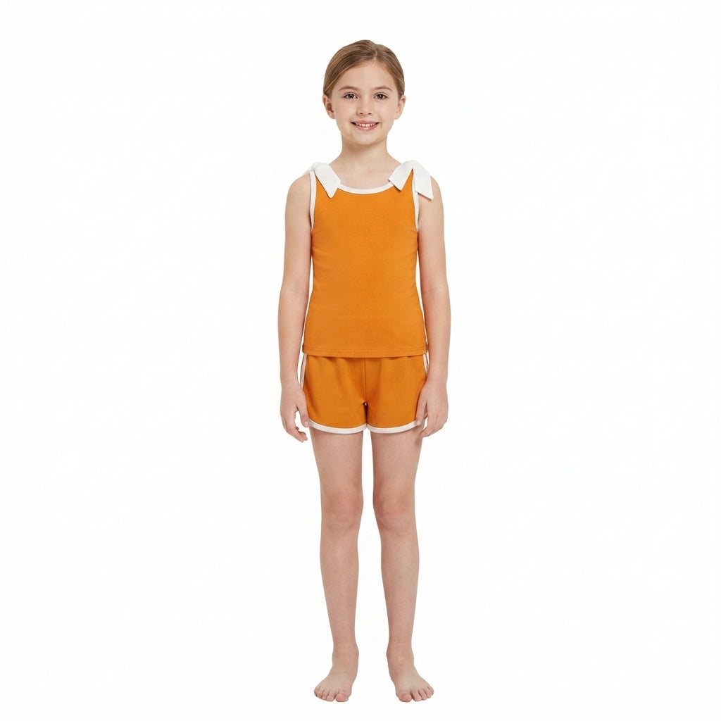 NO MOQ RTS GSSO3851 Baby Girl Clothes Solid Orange Plain Print Sleeveless Bow Tank Top Short Pant Set 202609