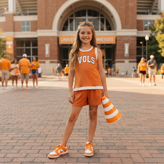 NO MOQ RTS GSD4292(1)-vinyl-yoga Baby Girl Clothes Orange Polka Dot Letter Graphic Print Sleeveless A Line Dress 202610