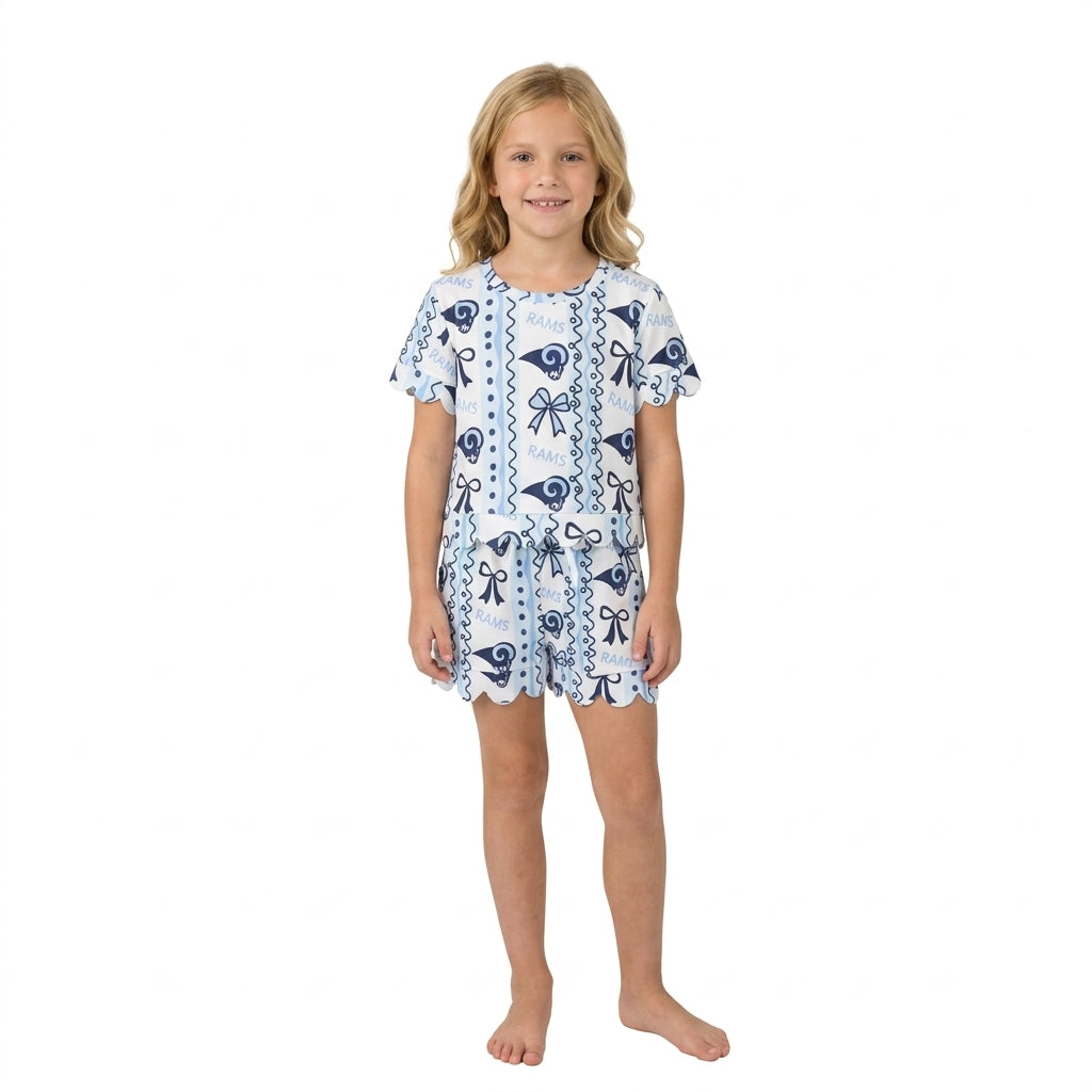 NO MOQ RTS GSSO3853-scallop (2) Baby Girl Clothes Blue White Stripe Ram Head Bow Wavy Print Short Sleeve Scallop Hem Short Set 202609