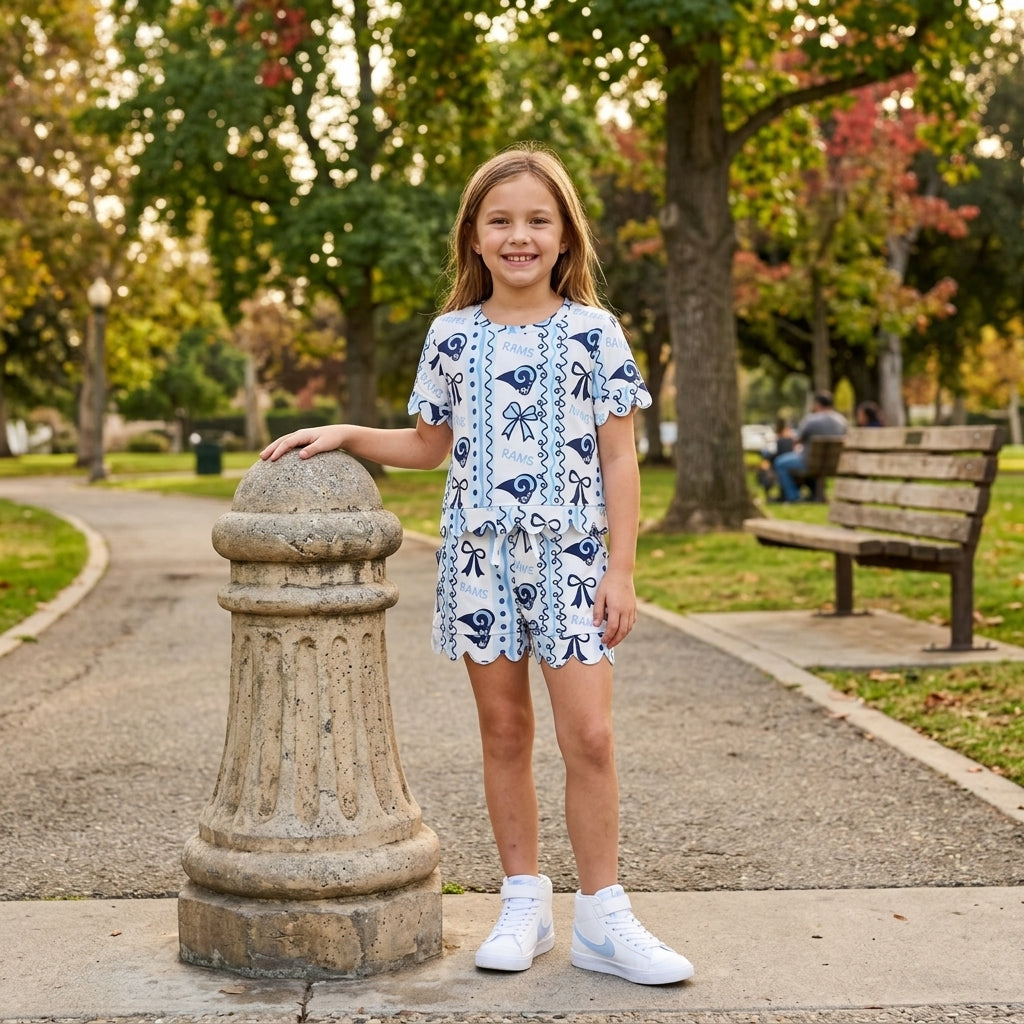 NO MOQ RTS GSSO3853-scallop (2) Baby Girl Clothes Blue White Stripe Ram Head Bow Wavy Print Short Sleeve Scallop Hem Short Set 202609
