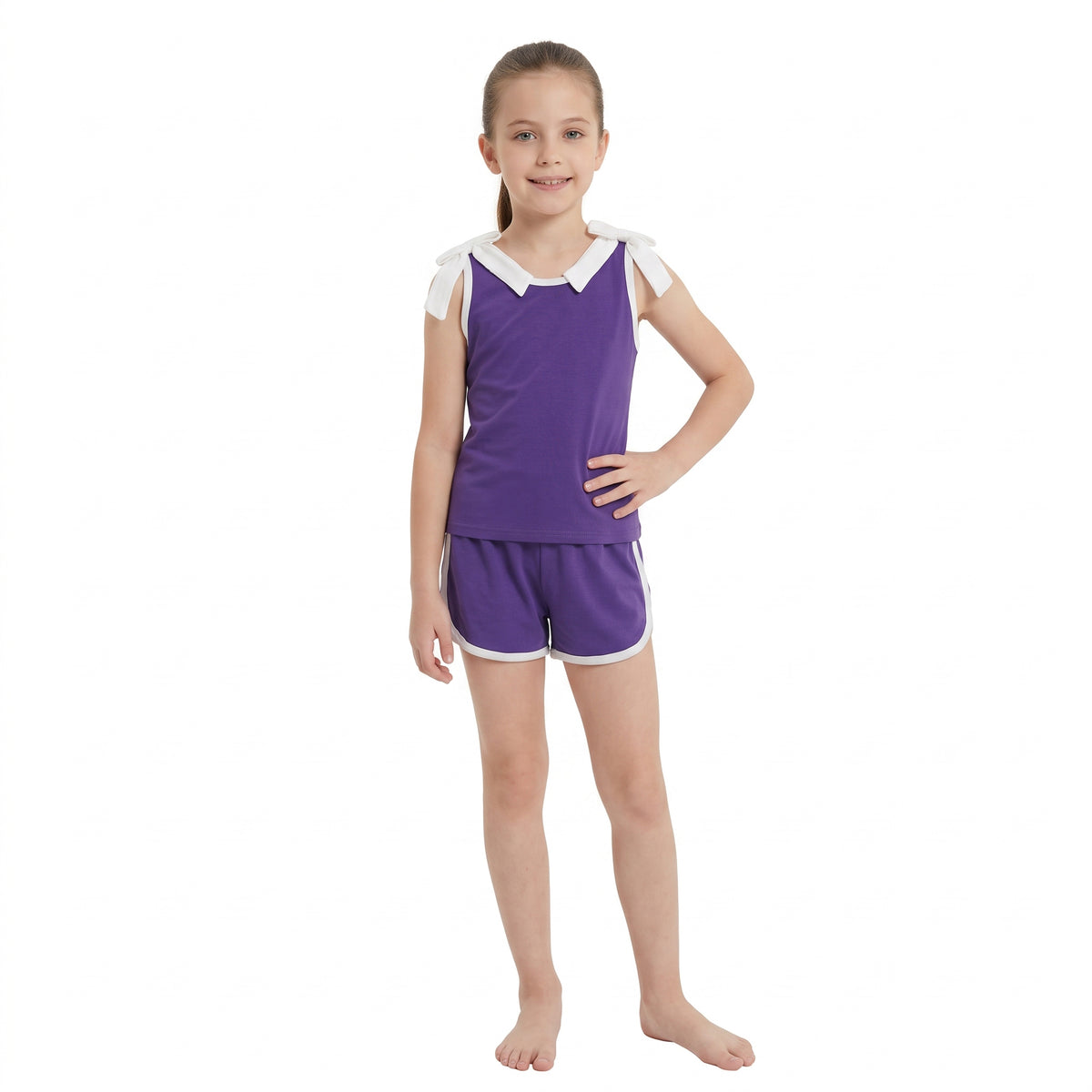 NO MOQ RTS GSSO3858 Purple Girl Summer Set | Bow Tie Tank & Shorts 2Pcs