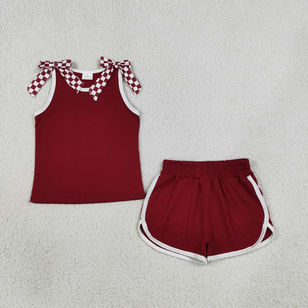 NO MOQ RTS GSSO3859 Burgundy Checkered Bow Set Tank & Shorts Girl Outfit