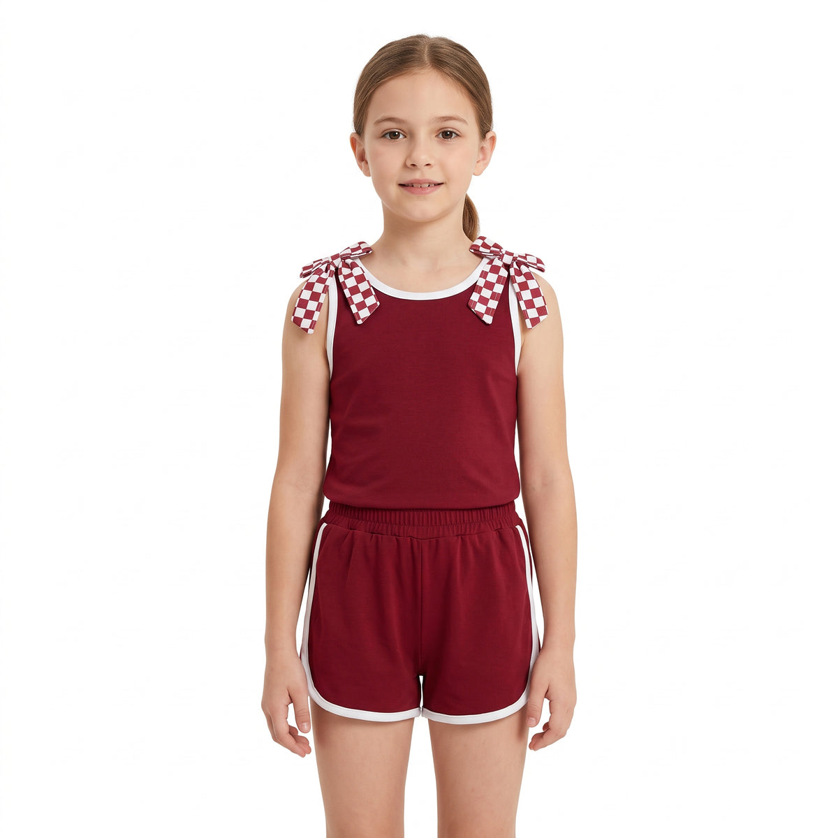 NO MOQ RTS GSSO3859 Burgundy Checkered Bow Set Tank & Shorts Girl Outfit