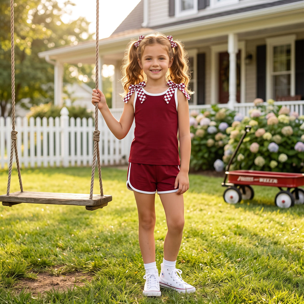 NO MOQ RTS GSSO3859 Burgundy Checkered Bow Set Tank & Shorts Girl Outfit