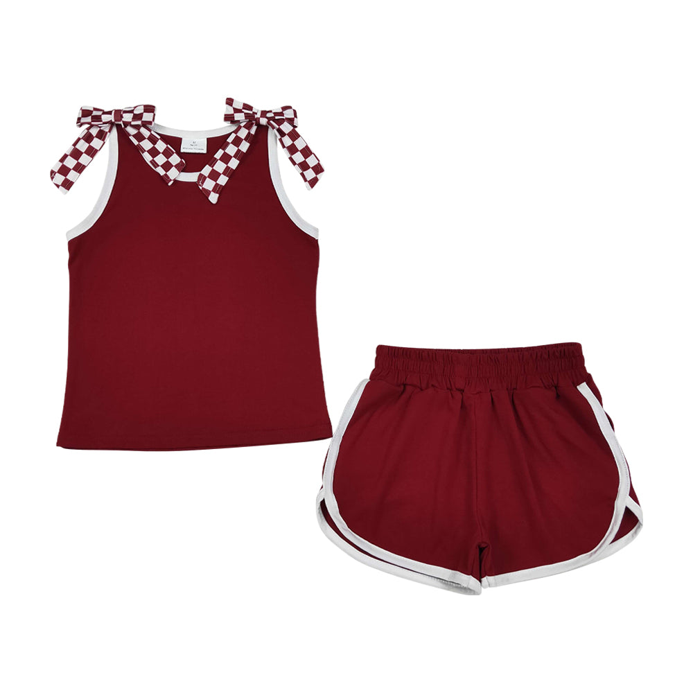 NO MOQ RTS GSSO3859 Burgundy Checkered Bow Set Tank & Shorts Girl Outfit