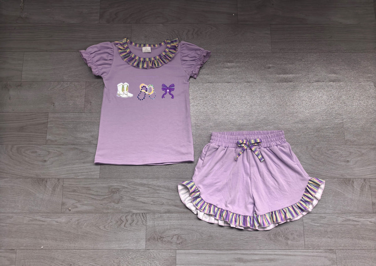 Sample-Real Pics GSSO3861 Baby Girl Clothes Solid Purple Embroidery Print Short Sleeve Top Skirt Set