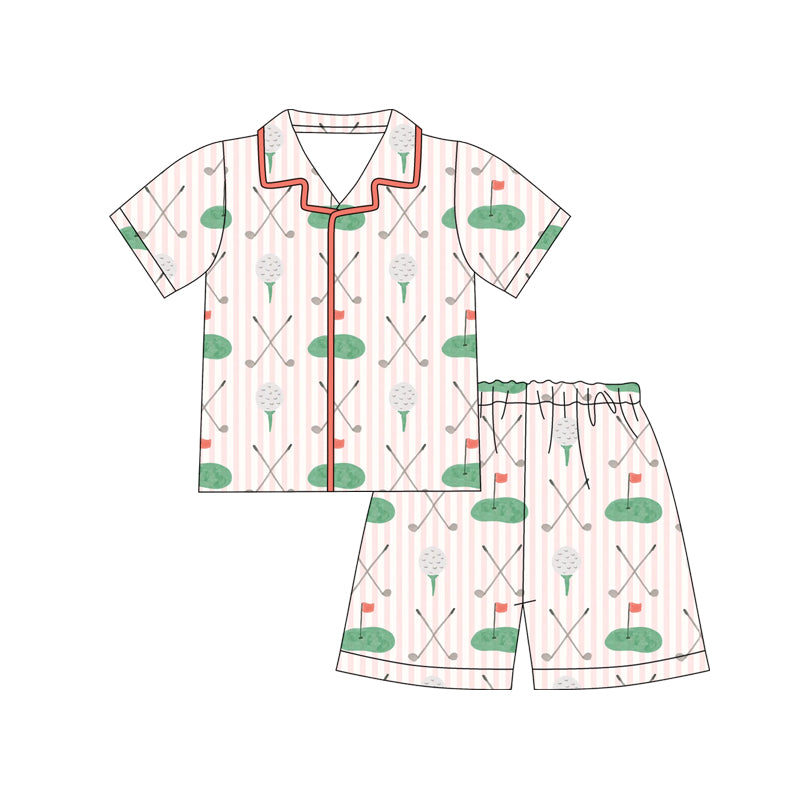 Preorder (moq 5) GSSO3867 Baby Girl Clothes Golf Ball Tee Striped Allover Print Short Sleeve Collar Top Shorts Pajama Set
