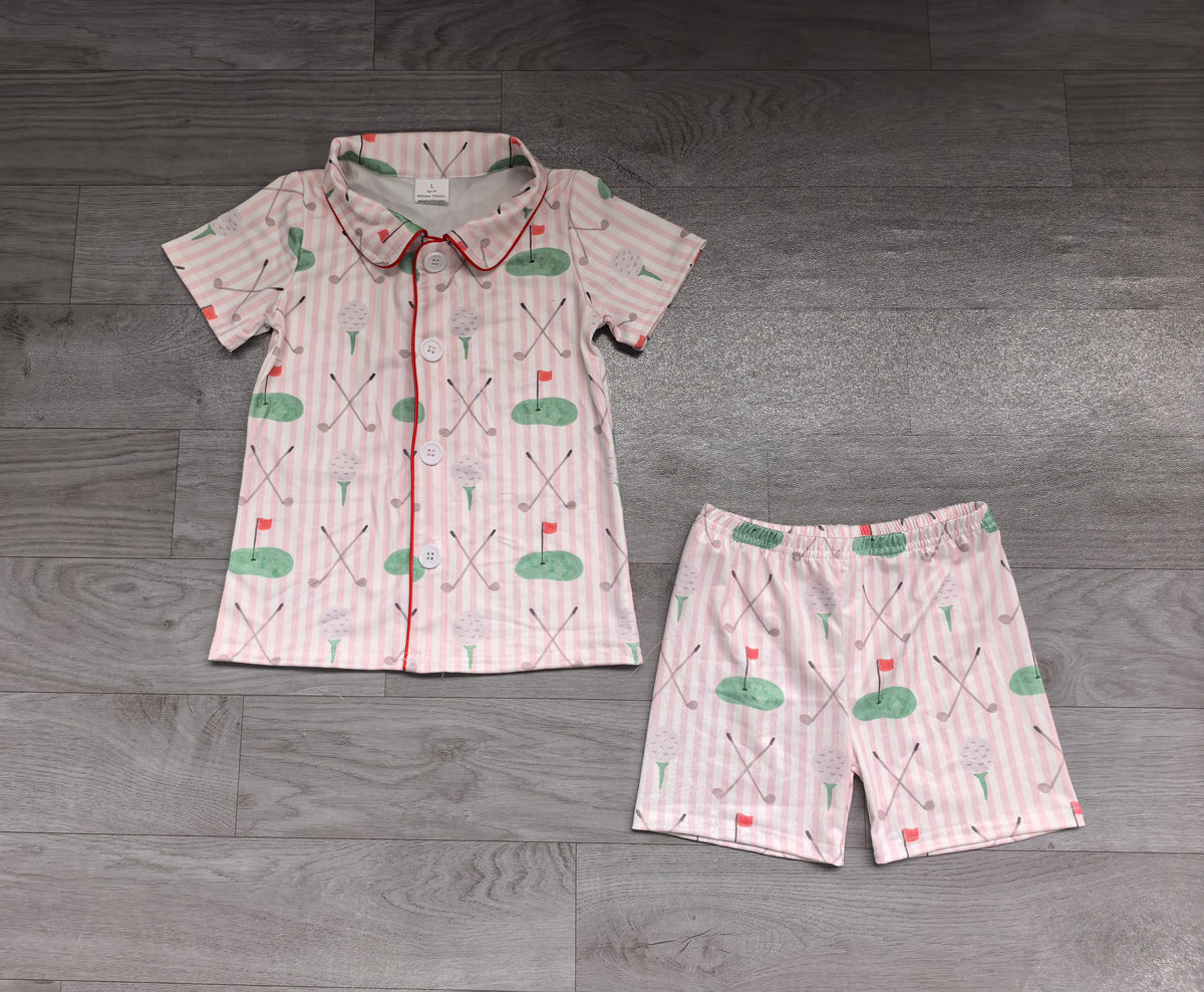 Sample-Real Pics GSSO3867 Baby Boy Clothes Golf Club Stripe Print Short Sleeve Button Down Shirt Short Set