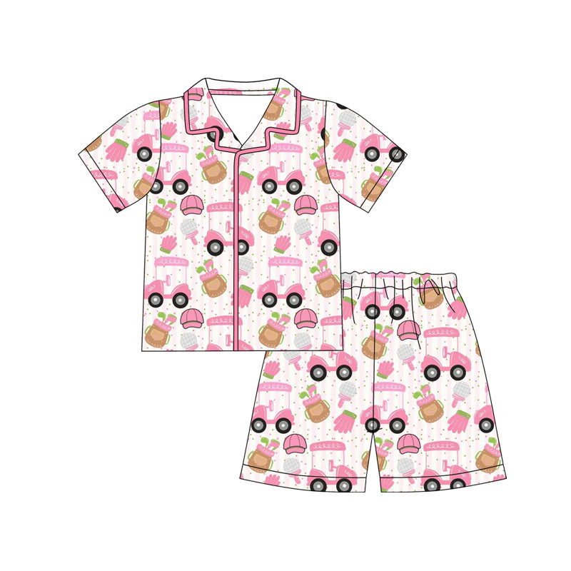 Preorder (moq 5) GSSO3868 Baby Girl Clothes Pink Golf Cart Disco Allover Print Short Sleeve Collar Top Shorts Pajama Set