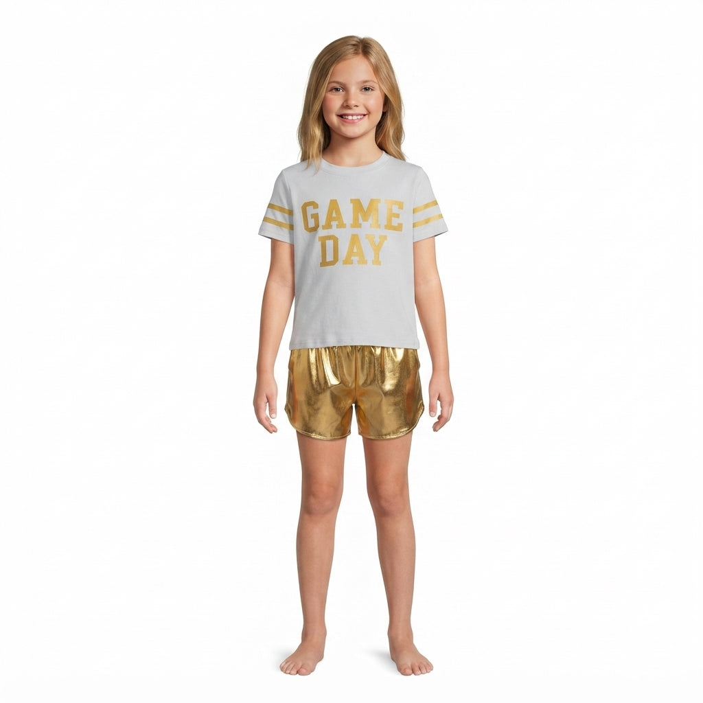 NO MOQ RTS GSSO3869-vinyl-bundle Baby Girl Clothes Gold Game Day Letter Graphic Print Short Sleeve Top Metallic Short Pant Set 202610