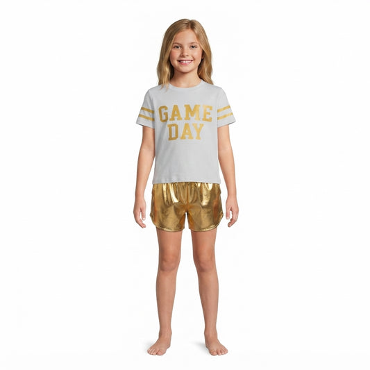 NO MOQ RTS GSSO3869-vinyl-bundle Baby Girl Clothes Gold Game Day Letter Graphic Print Short Sleeve Top Metallic Short Pant Set 202610