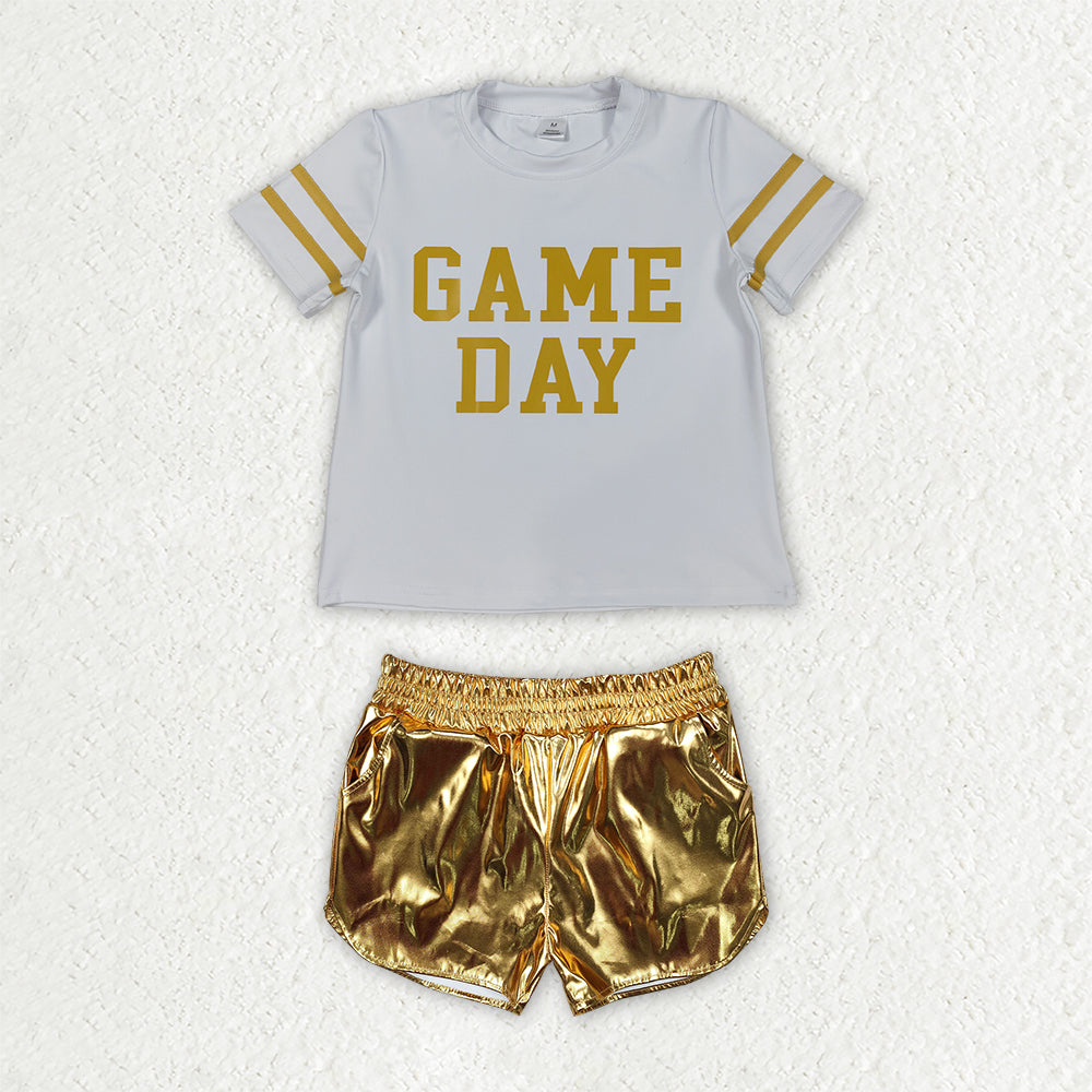 Preorder (moq 5) GSSO3869 Baby Girl Clothes Game Day Gold Letter Print Short Sleeve Metallic Short Set
