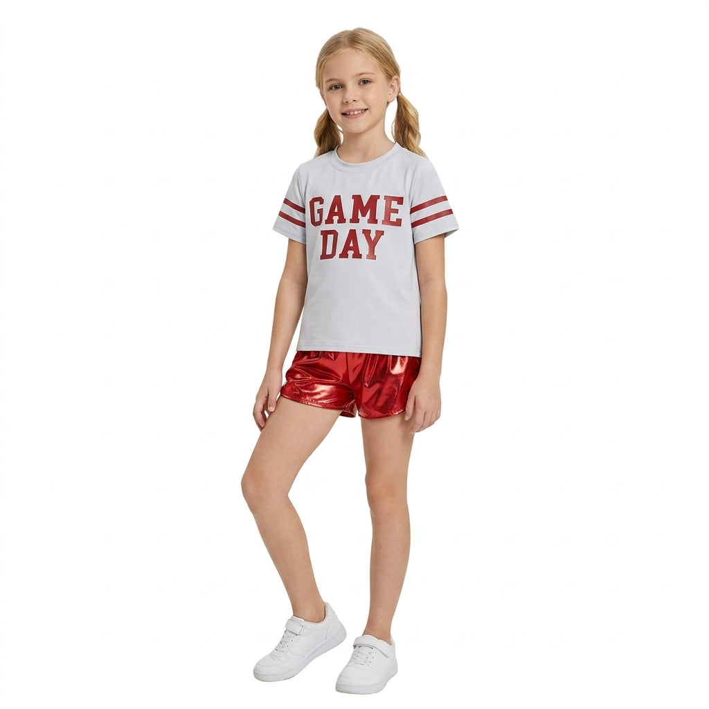 NO MOQ RTS GSSO3870-vinyl-bundle Baby Girl Clothes Red Game Day Letter Graphic Print Short Sleeve Top Metallic Short Pant Set 202610