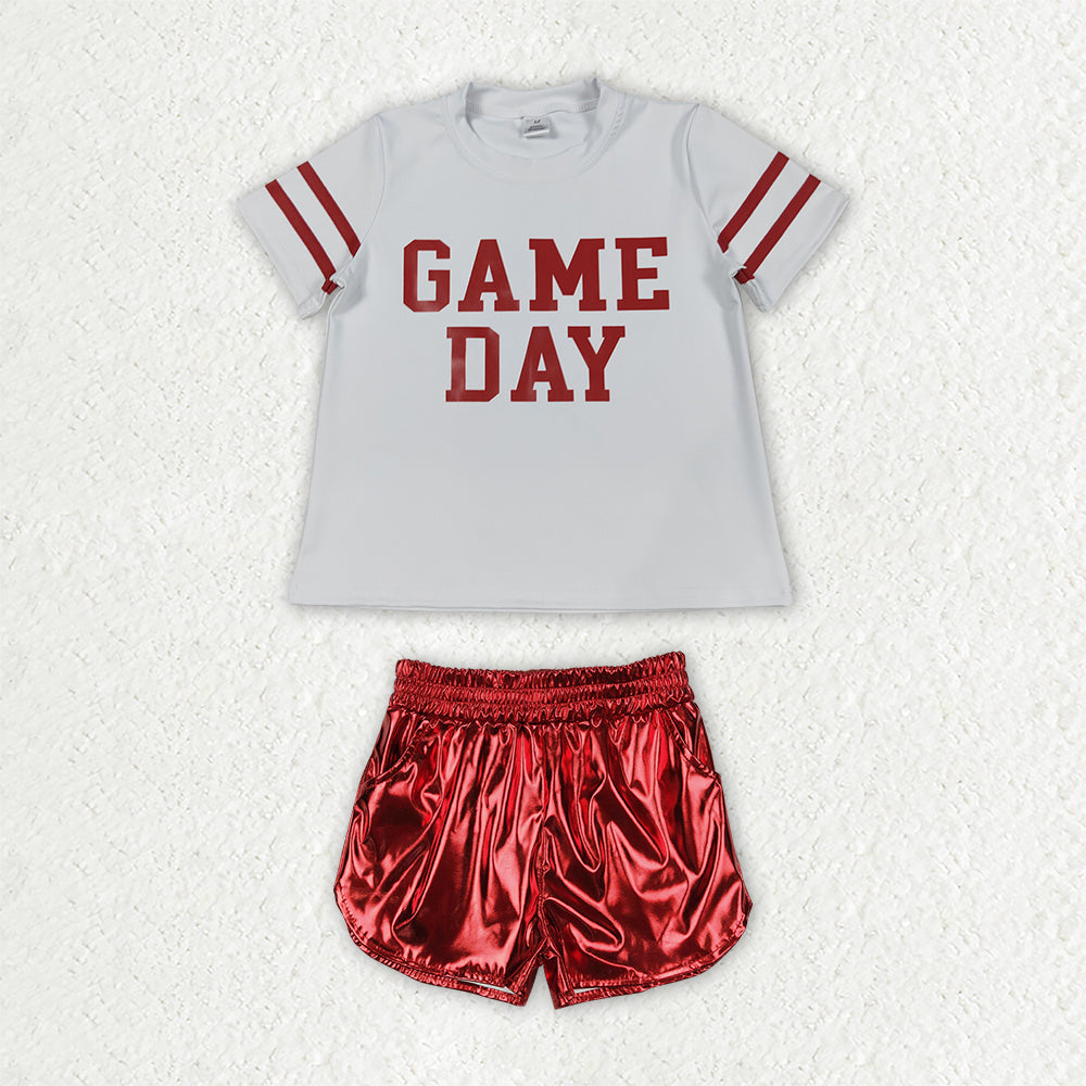 Preorder (moq 5) GSSO3870 Baby Girl Clothes Game Day Red Letter Print Short Sleeve Metallic Short Set