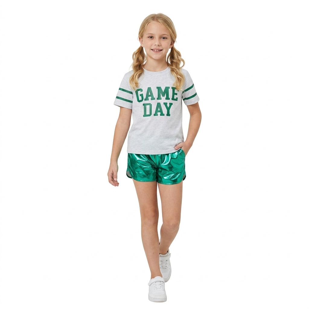 NO MOQ RTS GSSO3871-vinyl-bundle  Baby Girl Clothes Green Game Day Letter Graphic Print Short Sleeve Top Metallic Short Pant Set 202610