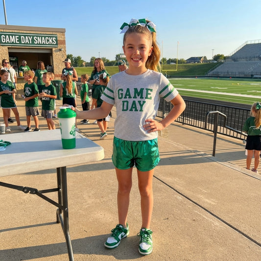 NO MOQ RTS GSSO3871-vinyl-bundle  Baby Girl Clothes Green Game Day Letter Graphic Print Short Sleeve Top Metallic Short Pant Set 202610